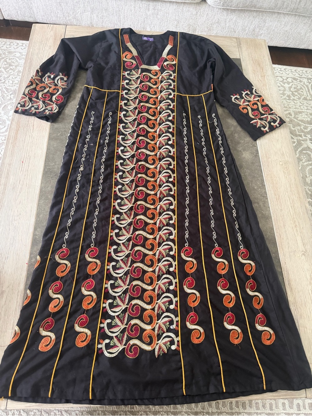 Galabiya kaftan Embroidered Black Maxi Dress with Red & Gold Accents - Picture 4 of 7